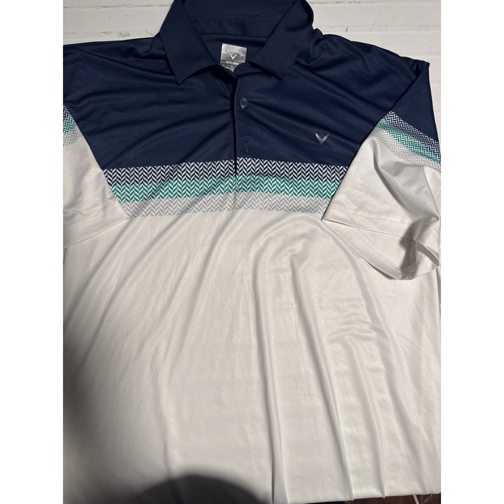 Callaway Opti-Dri Golf Polo Shirt Navy Blue‎ White Chevron Stripe Mens Large L